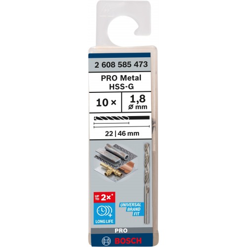 BOSCH Vrták do kovu PRO Metal HSS-G standardní délky, 1,8 × 22 × 46 mm, 10 ks 2608585473