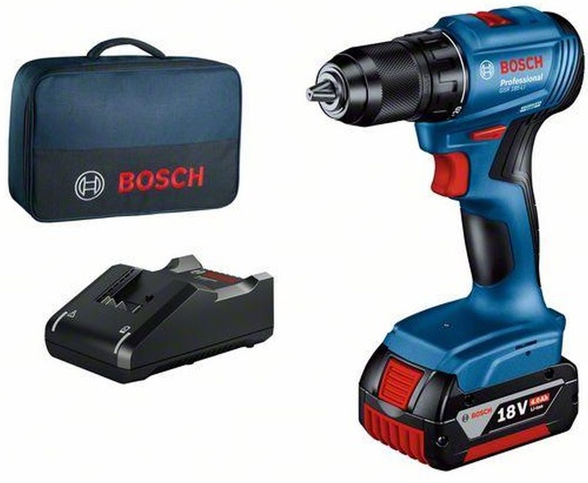 BOSCH GSR 185-LI PROFESSIONAL Akumulátorový vrtací šroubovák, 1x 4 Ah, GAL 18V-20, Taška na nářadí 06019K3005