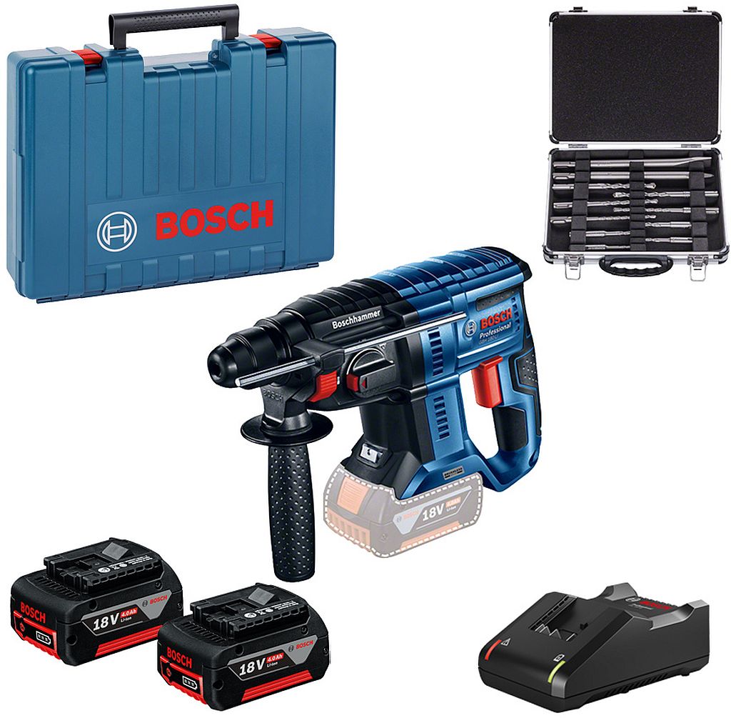 BOSCH Profesionální sada: GBH 180-LI + 11dílná sada vrtáků SDS plus + 2× GBA 18V 4.0Ah 0615990M33