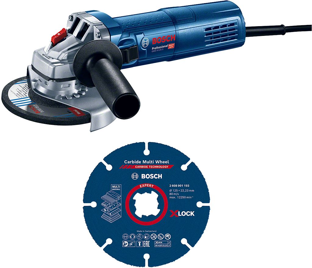 BOSCH GWS 9-125 S PROFESSIONAL Úhlová bruska + 1× dělicí kotouč X-LOCK Carbide Multi Wheel 0615990N3G