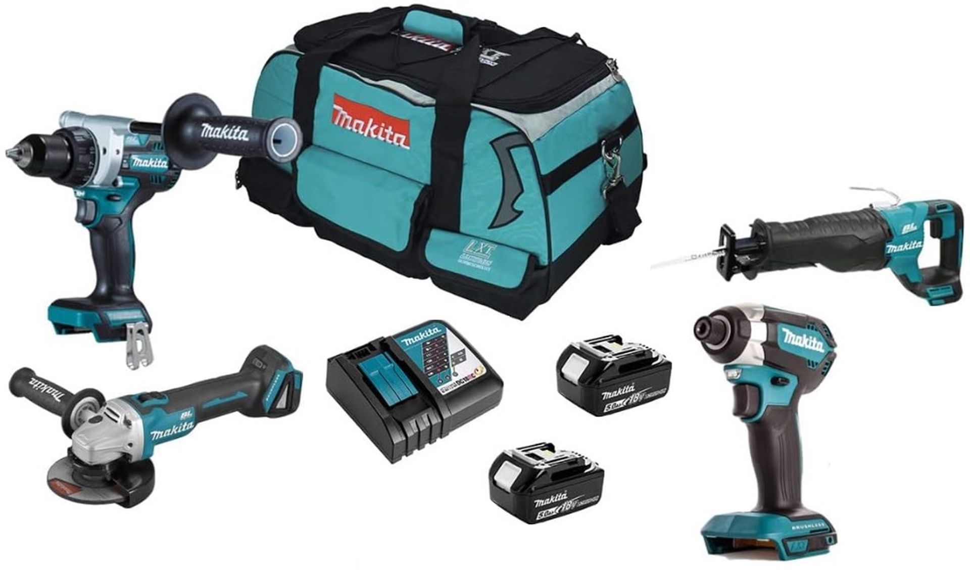 MAKITA DLX4157TX1 Sada aku nářadí (DDF486, DTD153, DJR187, DGA504, 2xBL1850B) Taška