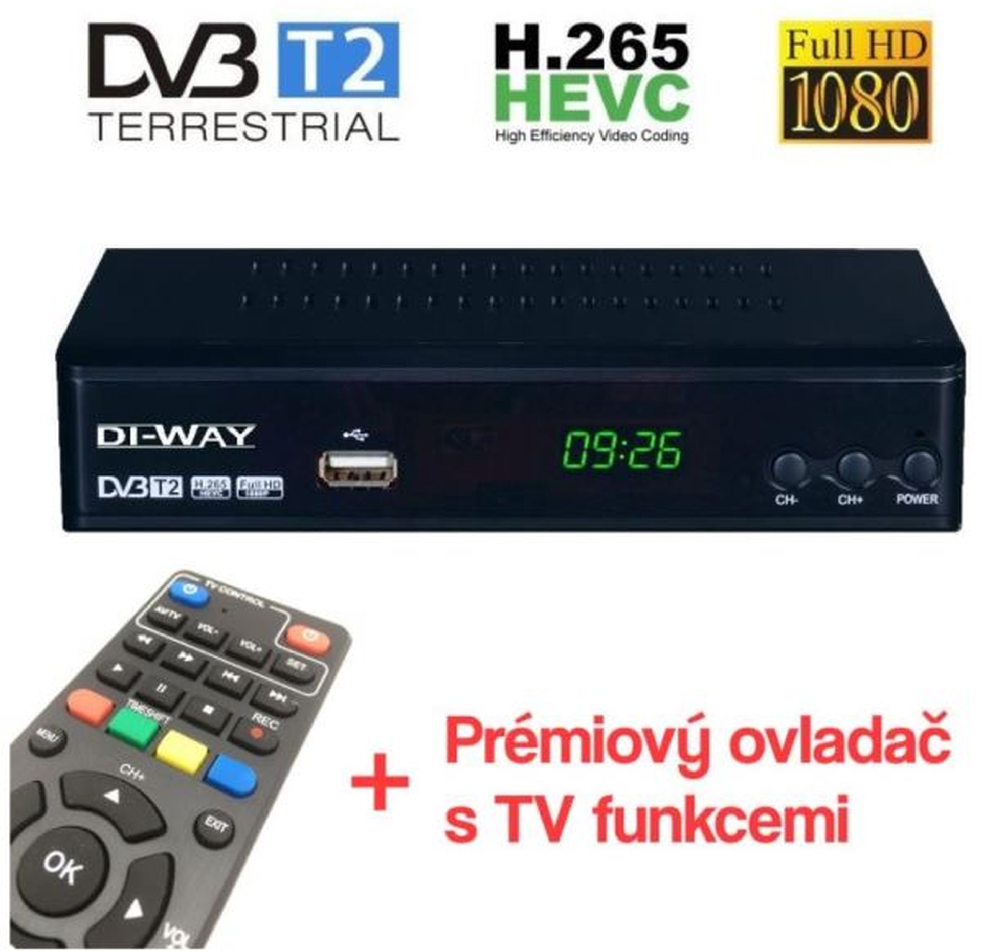 DI-WAY PRO2020 set-top-box FullHD s HEVC H.265 DVB-T2, USB přijímač J4722U22