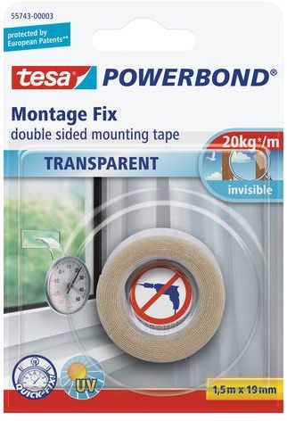 TESA Powerbond Montážní oboustranná pěnová páska na sklo, průhledná, 1,5m x 19mm 55743-00003-02